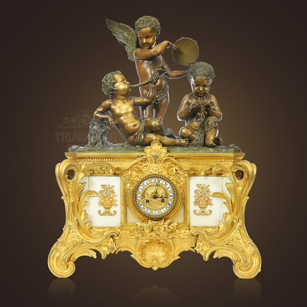 Đồng hồ cổ tượng đồng 3 thiên thần Cupid mạ vàng Ormolu