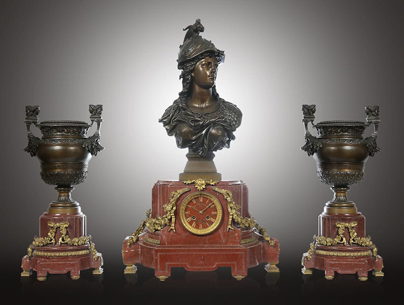 Đồng hồ cổ kết hợp tượng đồng Patina & Minerva thế kỷ XIX đặc trưng La Mã